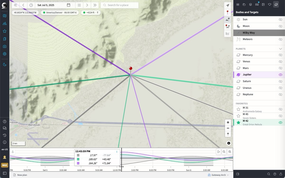 Azimuth Lines in TPE Web for Milky Way, Jupiter, and Great Orion Nebula