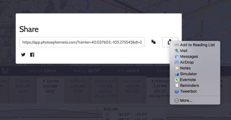 Share dialog in Photo Ephemeris Web