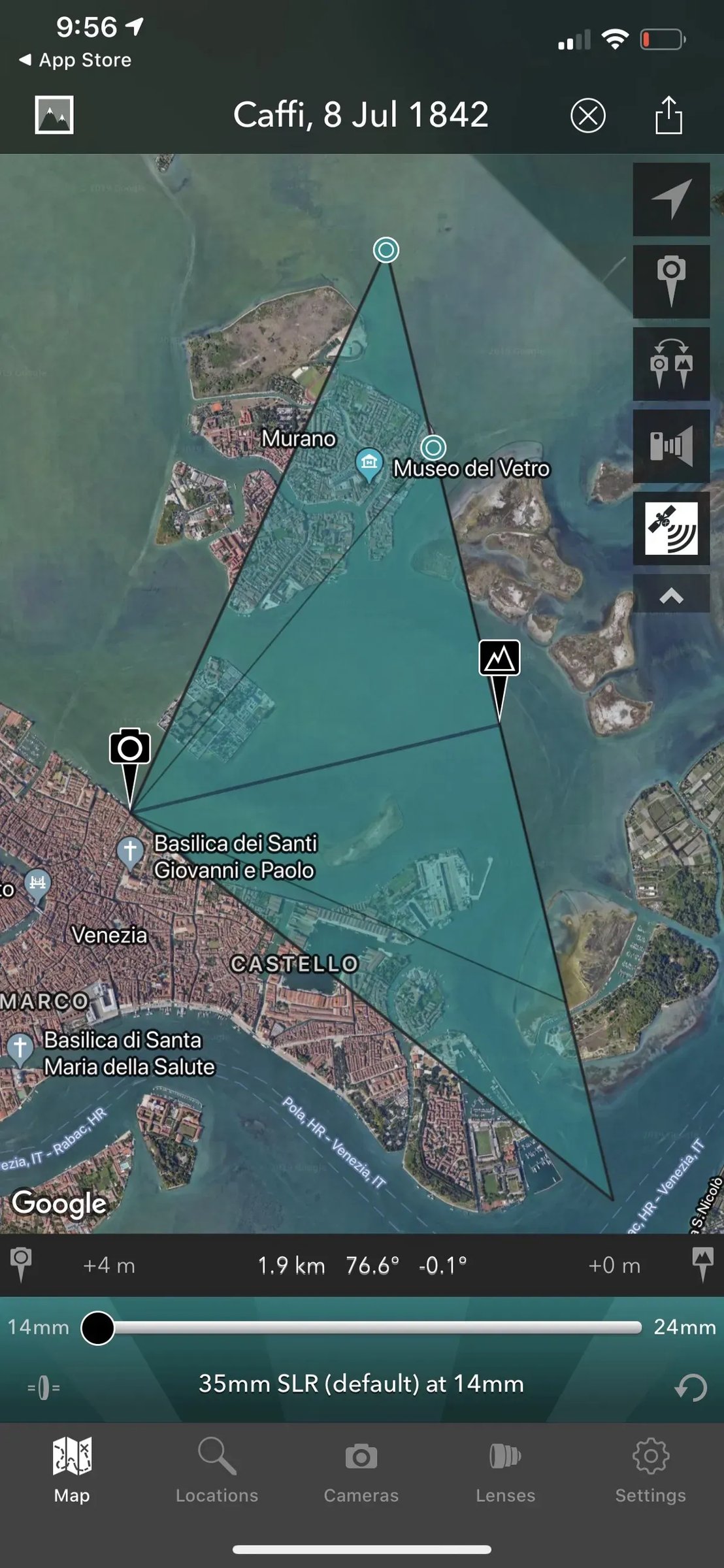 Field of view equivalent to a 14mm lens on a 35mm camera. Screenshot from The Photographer’s Transit app.