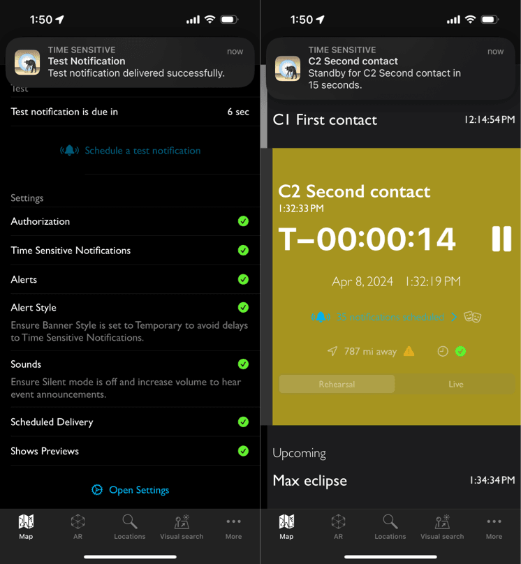 Test eclipse notifications