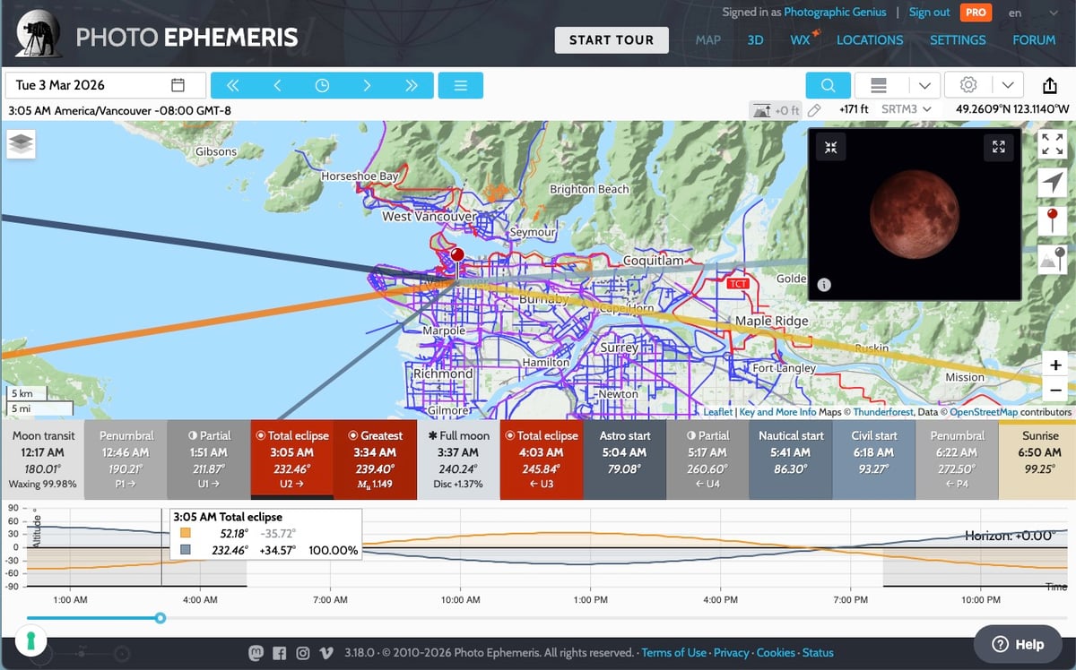 Vista de mapa de eclipse lunar en TPE Web