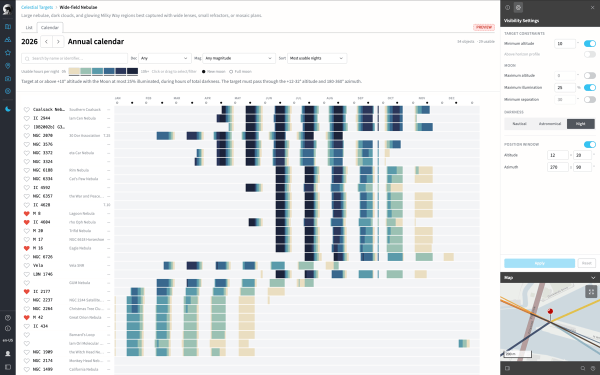 Wide Field Nebulae Annual Visibility Calendar