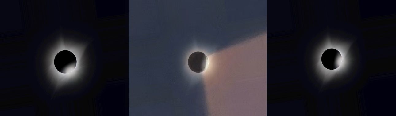 Figure 5: Simulated visualization from Photo Ephemeris Web of second (C2) and third (C3) contacts, and C3 overlaid on Caffi’s painting (center)