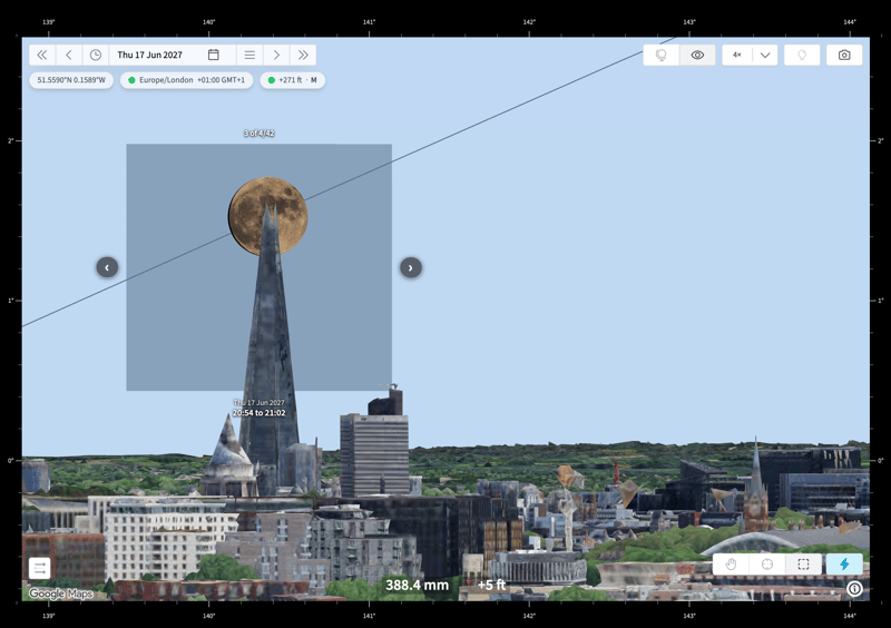 Moon behind the Shard, London – View in TPE