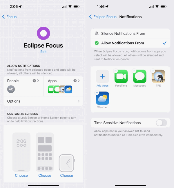 Focus mode home page and allowed notifications