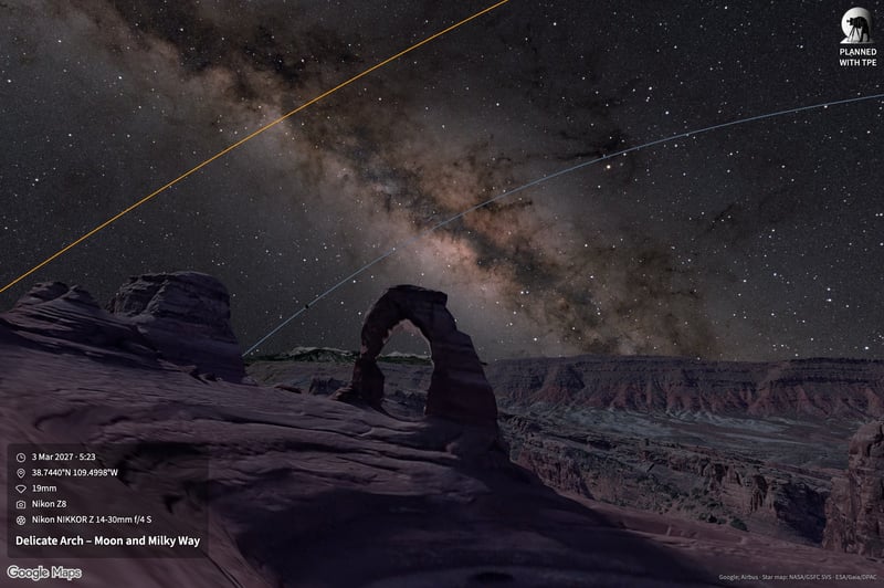 Delicate Arch - Moon and Milky Way