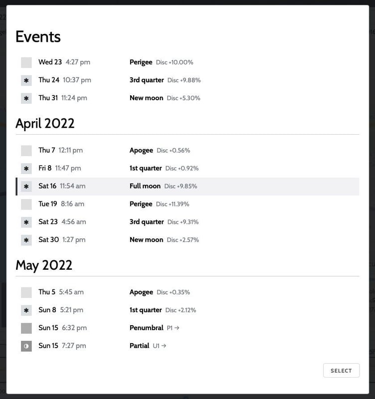 Events list now included in Photo Ephemeris Web 2.8