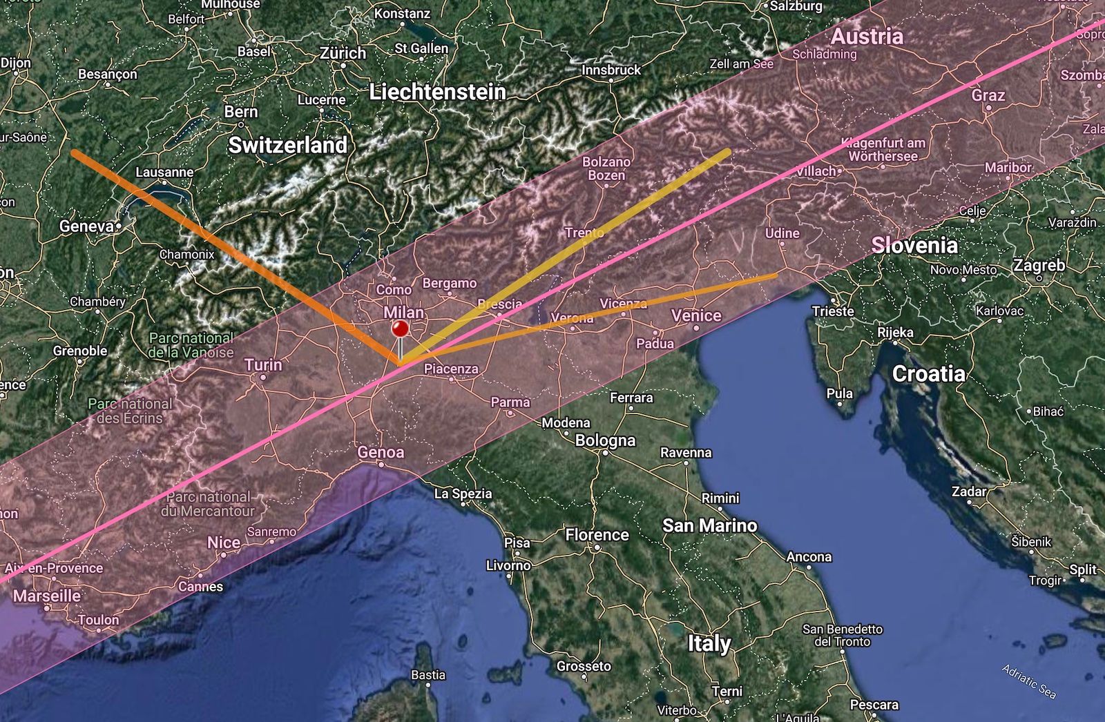 Figure 6: The path of totality, July 8, 1842, relative to Pavia and Venice (Photo Ephemeris Web)