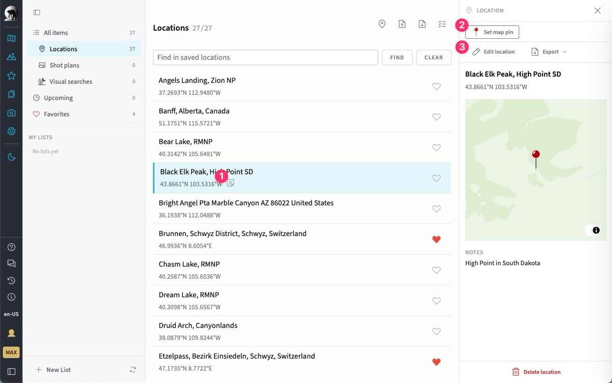 Available Options When Selecting a Saved Location