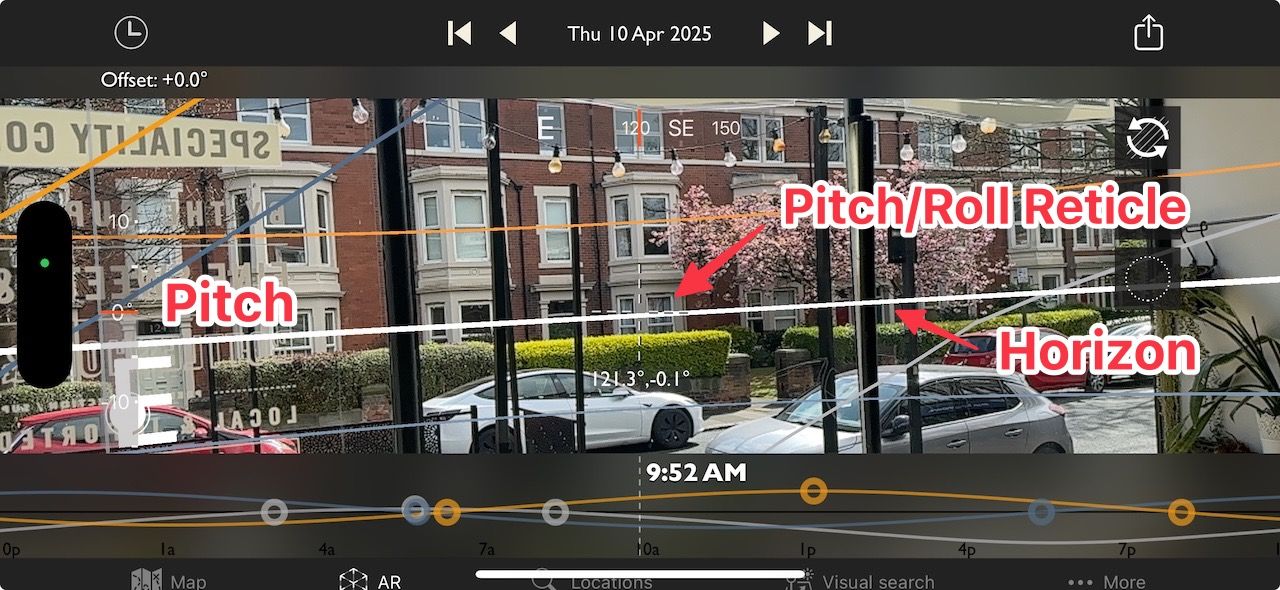 Pitch and Roll Indicators in Photo Ephemeris AR view