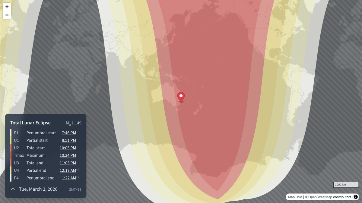 Map of the March 3, 2026 Total Lunar Eclipse
