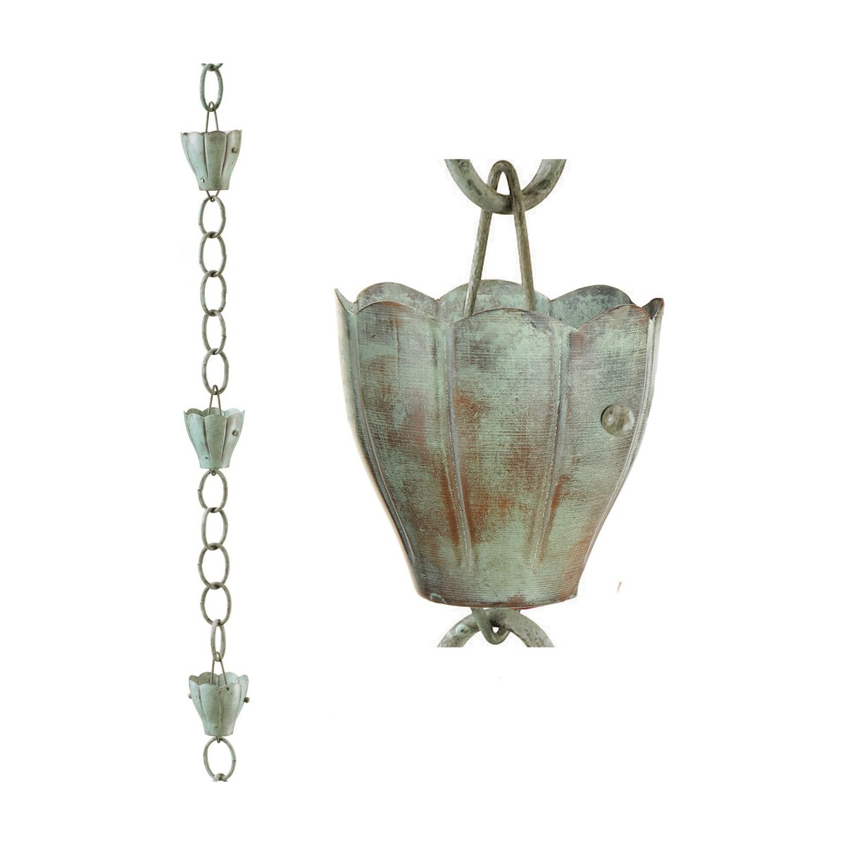 100% Blue Verde Pure Copper Crocus Rain Chain, 8-1/2 Ft. Long, Large Cups, Replaces Gutter Downspout
