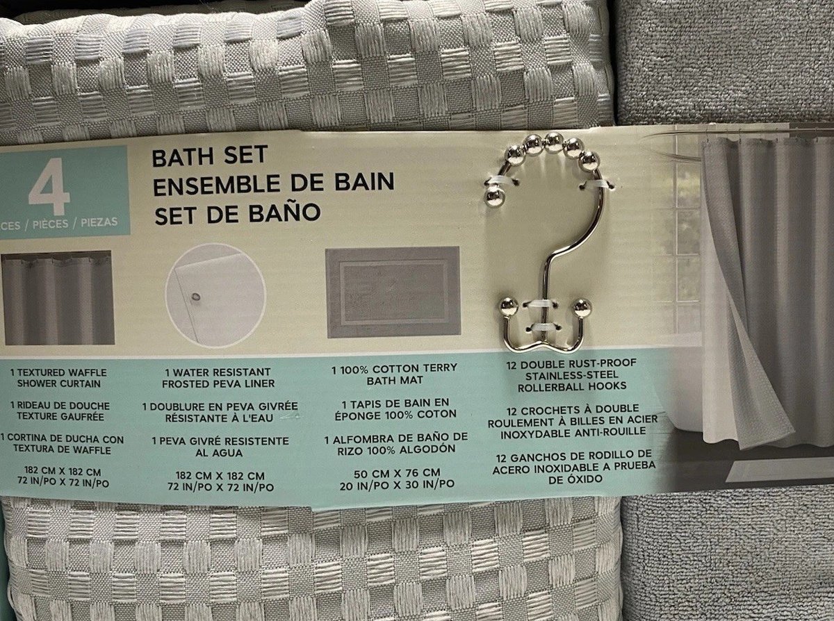 Shower Curtain 4 Pc Set-Waffle Textured Curtain, Liner, Hooks, & Bath Mat - Gray