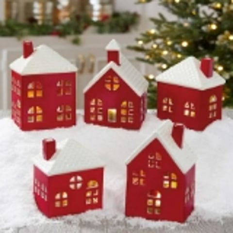 Holiday Ceramic Village 5 Piece Battery-Operated Holiday Buildings in Red/White