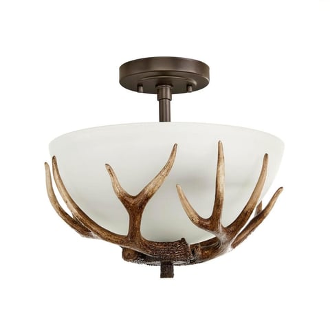 Deer Lake 13 in. 2-Light Handmade Finish Anlter Convertible Semi-Flush Mount