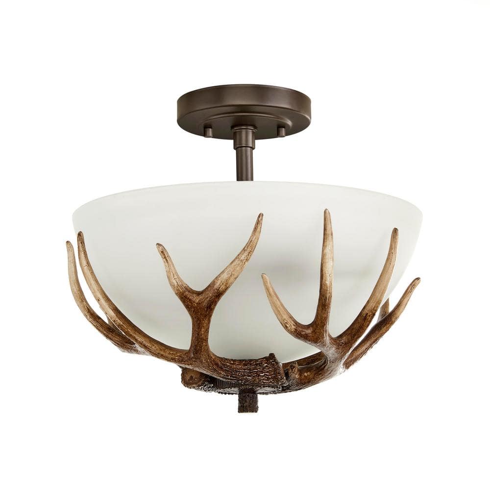 Deer Lake 13 in. 2-Light Handmade Finish Anlter Convertible Semi-Flush Mount