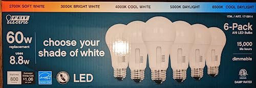 Feit Electric 60 Watt A19 E26 Dimmable LED Bulb Selectable Color (6-Pack) New