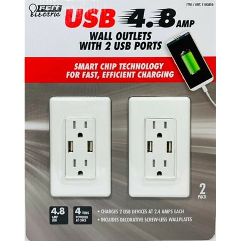 Feit Electric 2PK Wall Outlets with 2 USB Ports 4.8 Amps  120 V 2 Pack
