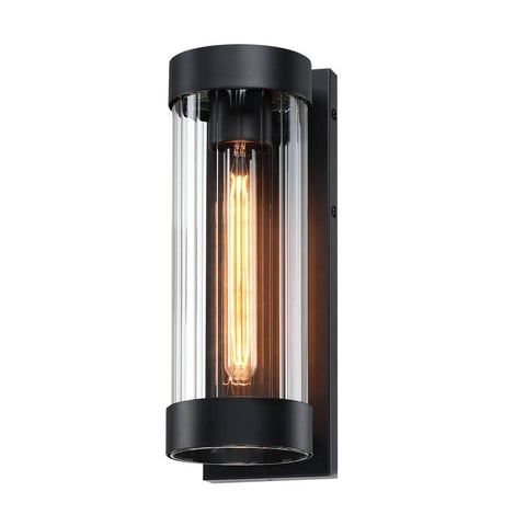 Hary 1-Light 13 in. Outdoor Wall Light with Matte Black Finish with Clear Glass Cylinder Shade