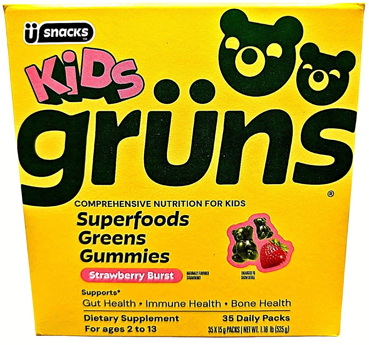 Grüns Kids 30 Daily Packs-Superfoods Greens Strawberry Gummies