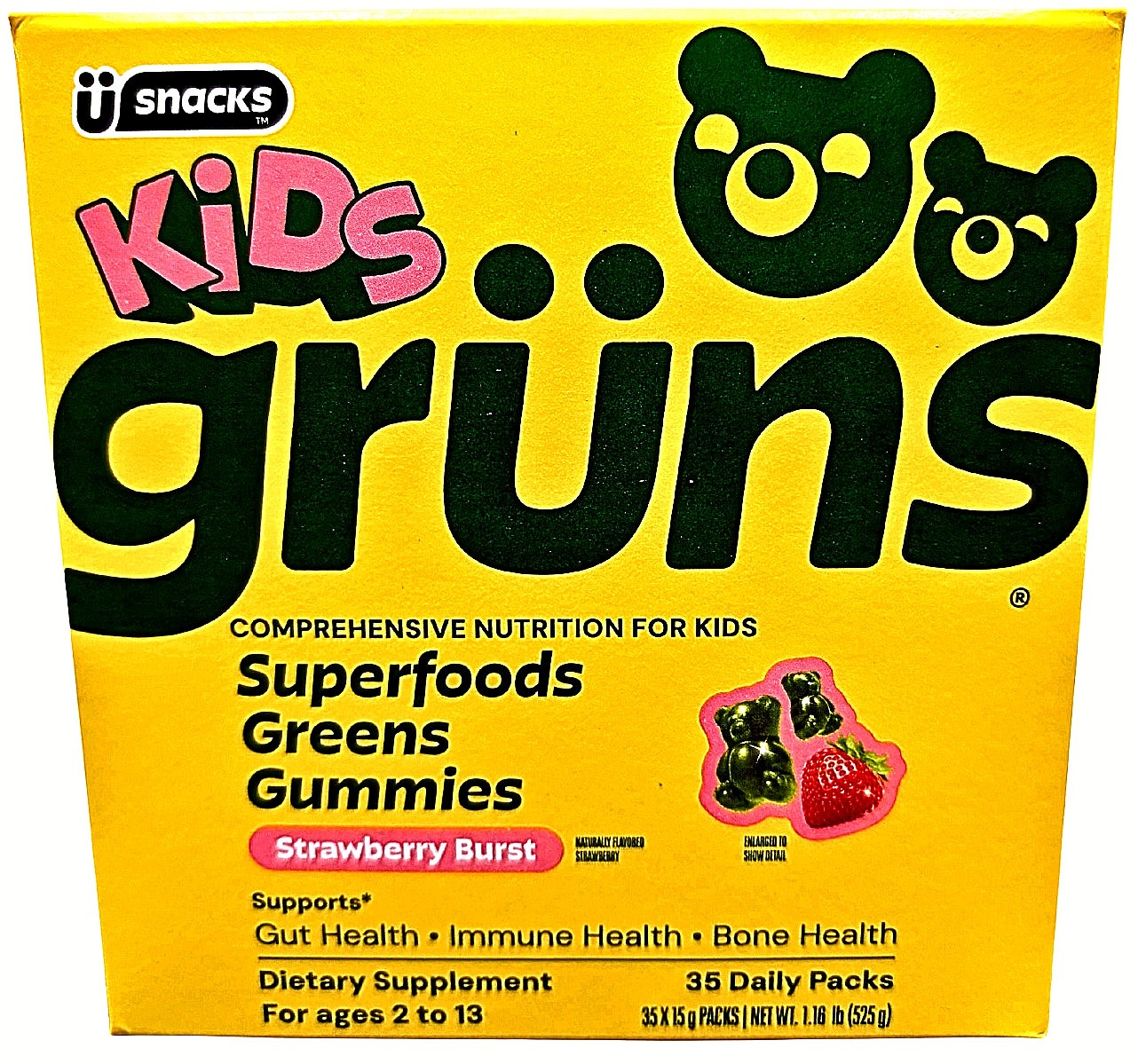 Grüns Kids 30 Daily Packs-Superfoods Greens Strawberry Gummies