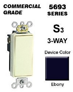 Leviton 5693-2E Black Decora Plus Three Way Rocker Light Switch 15A