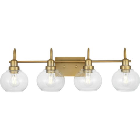 Home Decorators Collection Halyn 31-3/8 in. 4-Light Vintage Brass Industrial Bathroom Vanity Light with Clear Glass Shades