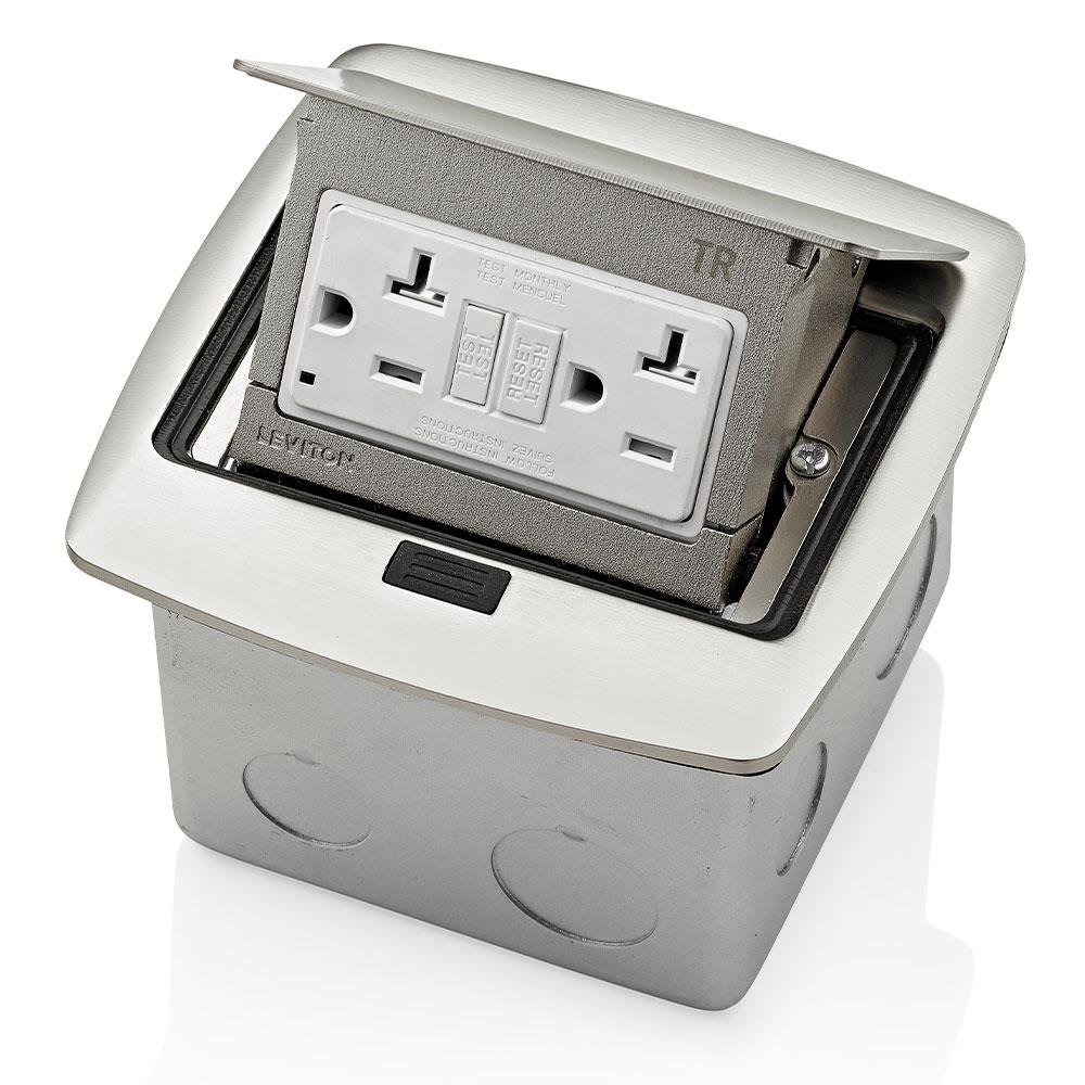 Leviton Pop-Up Floor Box with 20 Amp, Tamper-Resistant Self-Test GFCI Receptacle, PFGF1-0BN, Brushed Nickel
