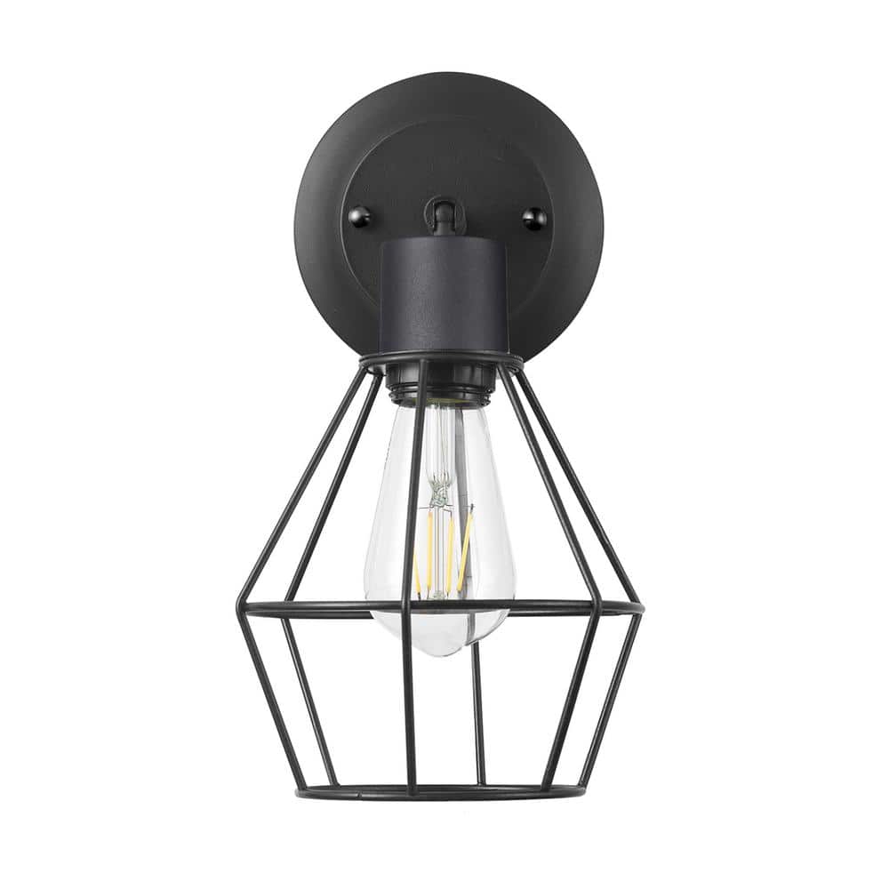 Hampton Bay Hampton Bay 6 in. 1-Light Matte Black Wall Sconce Light with Plug-In/Hardwire Caged Shade for Indoor Use