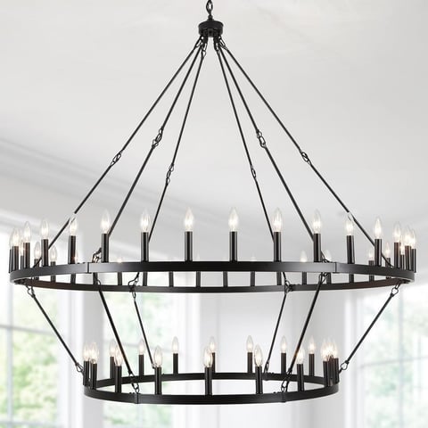 60 in. 54-Light Matte Black Wagon Wheel Chandelier 2 Tier Extra Large Farmhouse Round Industrial Ceiling Hanging Light