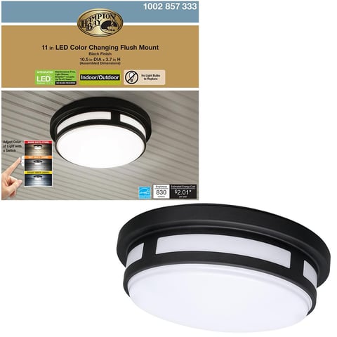 Hampton Bay 11 in. Round Black Integrated LED Indoor Outdoor Ceiling Light Flush Mount Adjustable CCT 830 Lumens Wet Rated