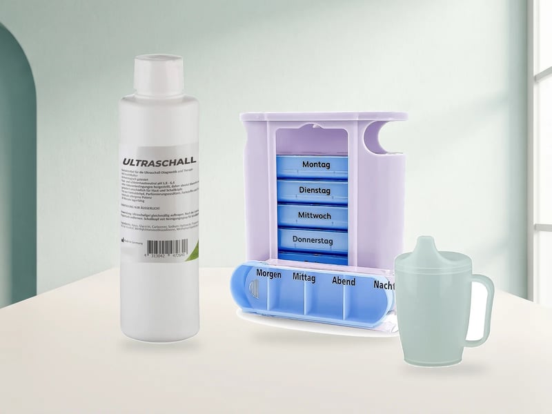 HaseMed Ultraschallgel, HaseMed Wochendispenser, Tablettenbox für 7 Tage, HaseMed Schnabeltasse mit Griff, 12 mm Trinktülle