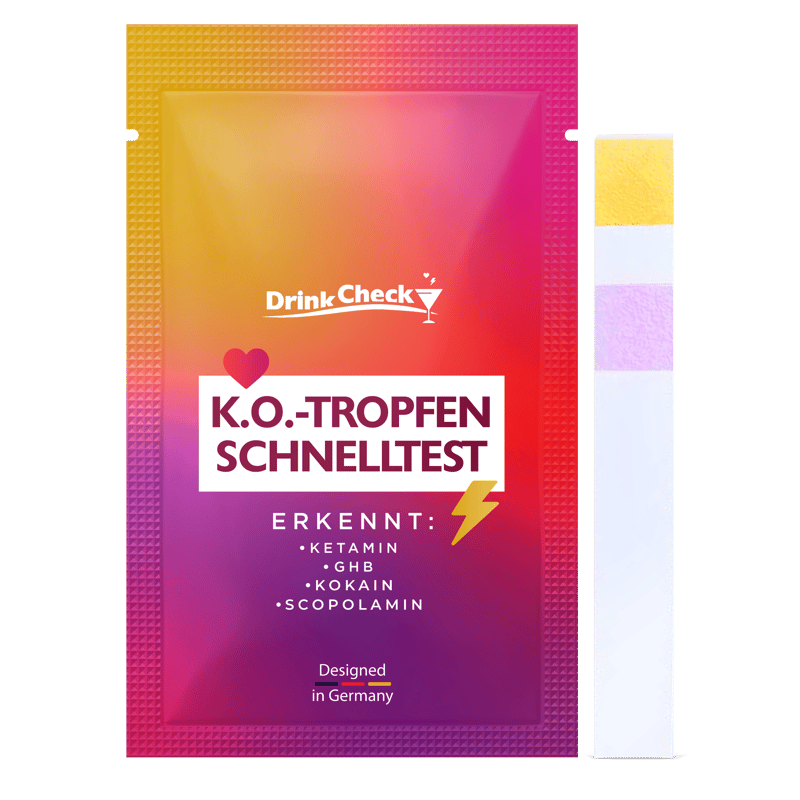 Originale deutsche DrinkCheck-Einzelverpackung; Originaler DrinkCheck-Teststreifen mit gelbem und rosa Reaktionsfeld