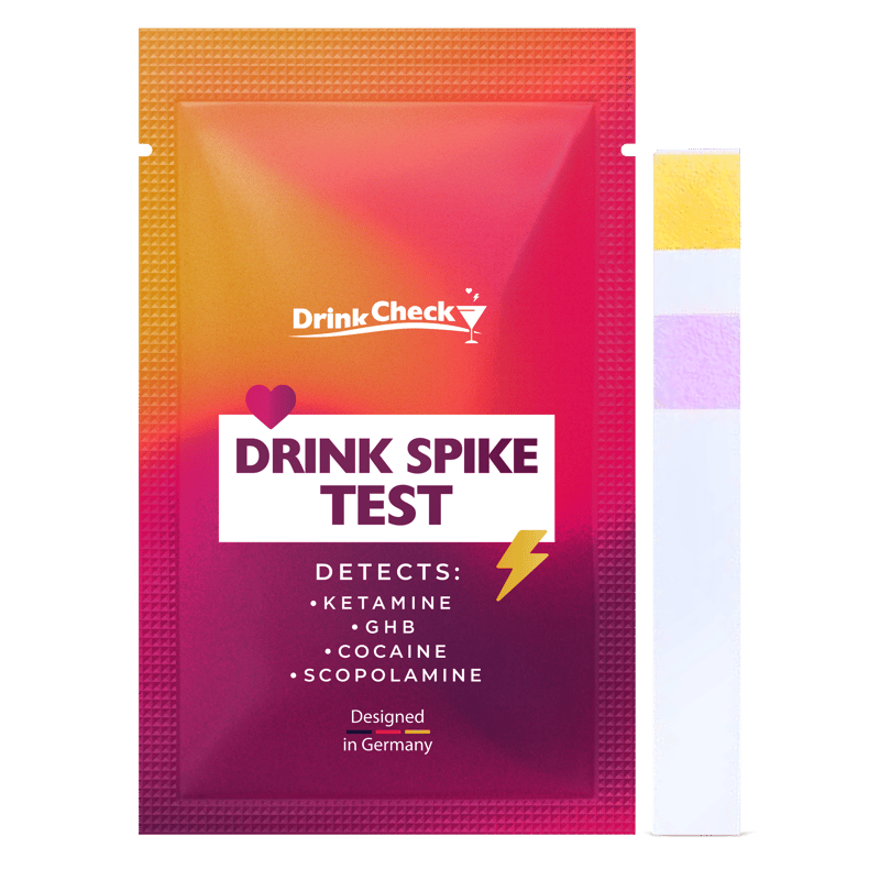 Original English DrinkCheck pouch; Original DrinkCheck test strip with yellow and pink reaction pads