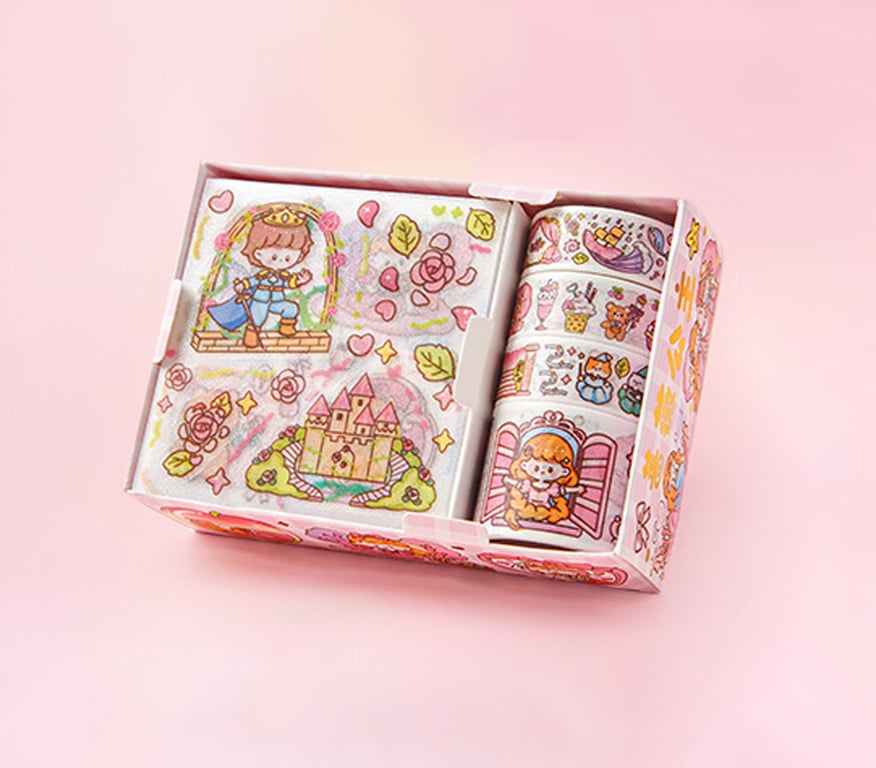 Cute Sticker & Tape Set - 4 Stickers and 4 Rolls of Adorable Patterned Tape in a Gift Box(Princess)