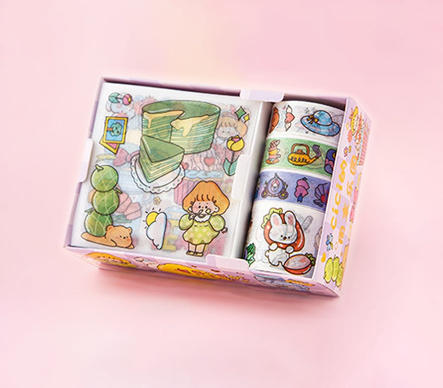 Cute Sticker & Tape Set - 4 Stickers and 4 Rolls of Adorable Patterned Tape in a Gift Box(CiCi's Weekend)
