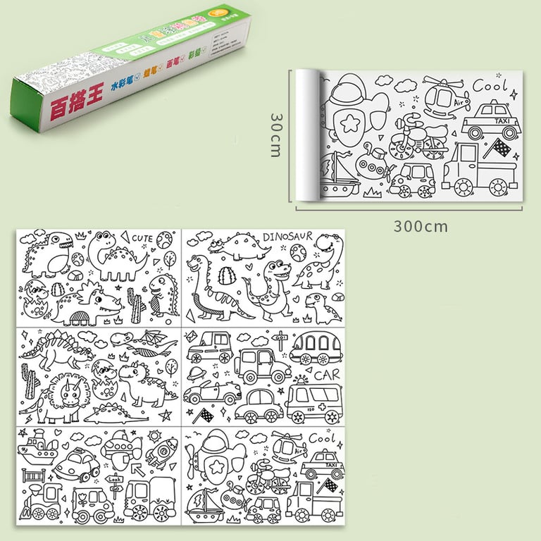 Kids' Coloring Roll with Dinosaur and Vehicle Patterns