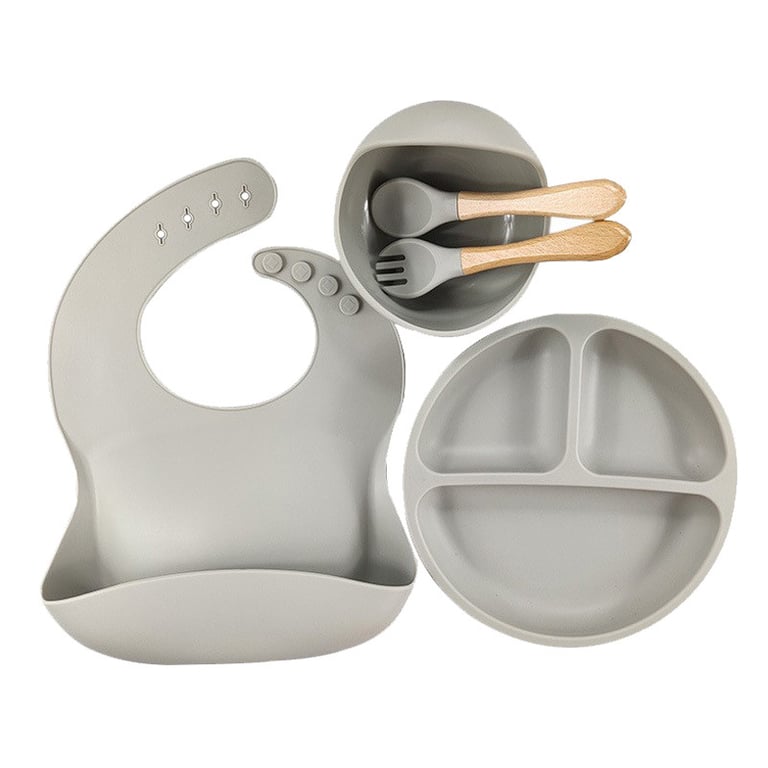5-Piece Silicone Baby Dinnerware Set with Bib and Plate(Grey)
