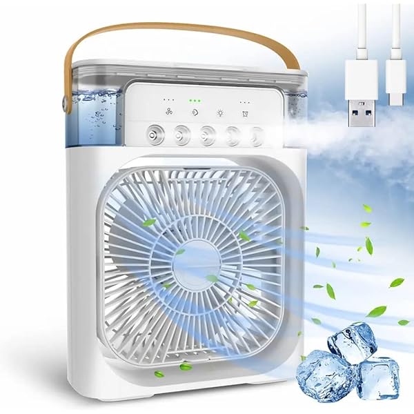 Portable Air Conditioner Fan, 3 Speed, Multifunction, LED Night Light, Mini Cooling Fan for Car, Camping, 600ml