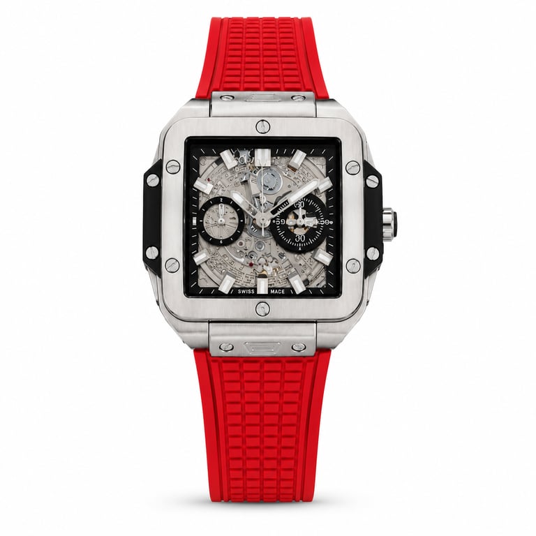 Hublot Luxury Skeleton Square Watch for Men – Red Rubber Strap