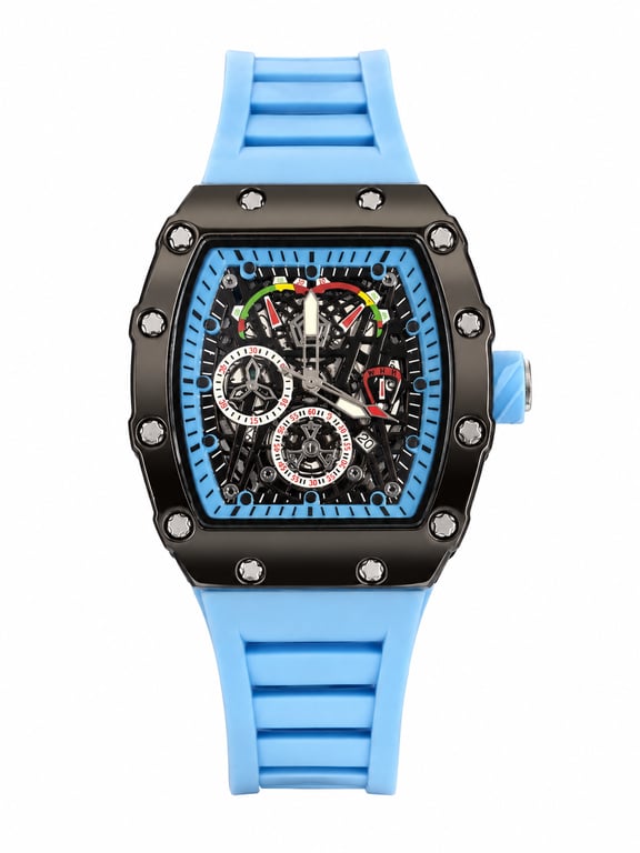 Richard Mille RM 11-05 50mm Automatic Winding Flyback GMT Watch – Black Chronograph Dial in Black Carbon Case, Blue Rubber Strap