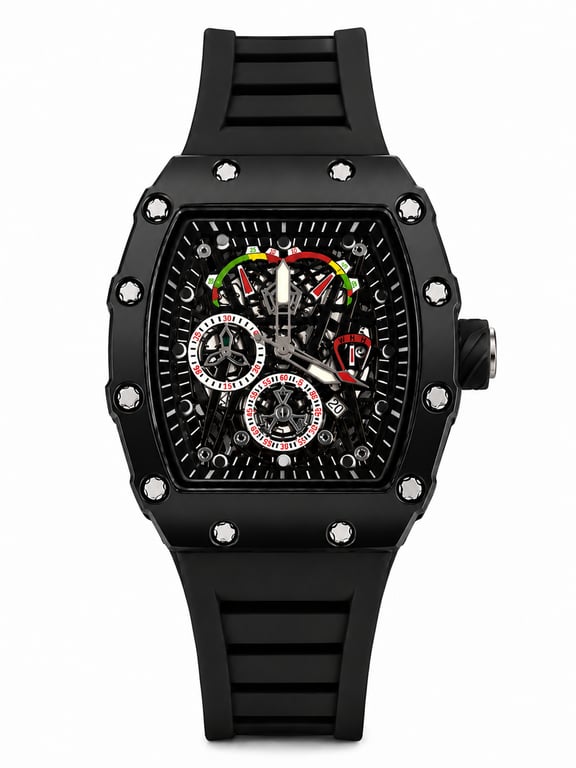 Richard Mille RM 11-05 50mm Automatic Winding Flyback GMT Watch – Black Chronograph Dial in Black Carbon Case, Black Rubber Strap