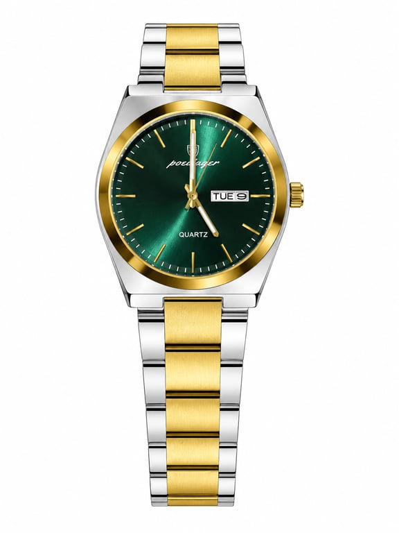 Poedagar Luxury Green Dial Two-Tone Stainless Steel Quartz Watch – Day & Date Display