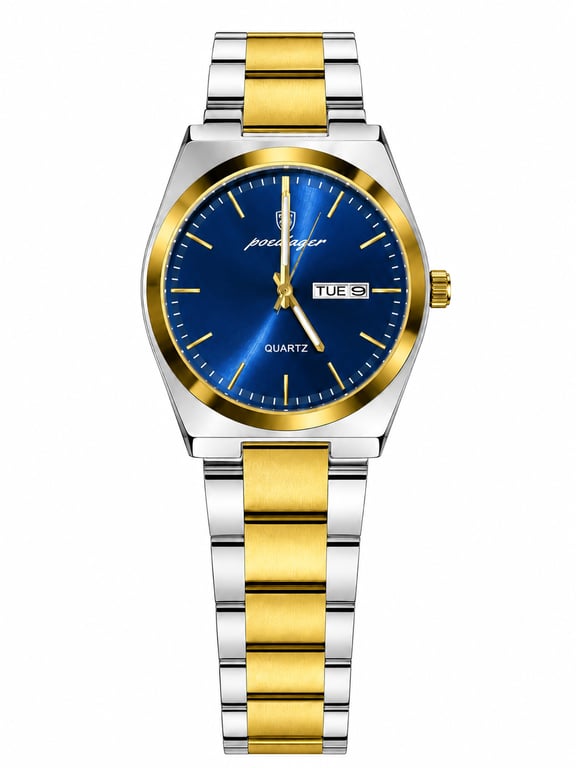 Poedagar Luxury Blue Dial Two-Tone Stainless Steel Quartz Watch – Day & Date Display