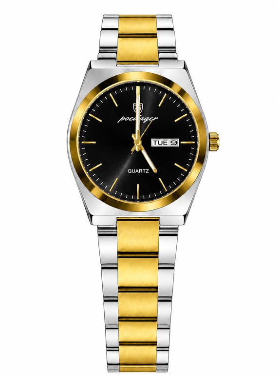 Poedagar Luxury Black Dial Two-Tone Stainless Steel Quartz Watch – Day & Date Display
