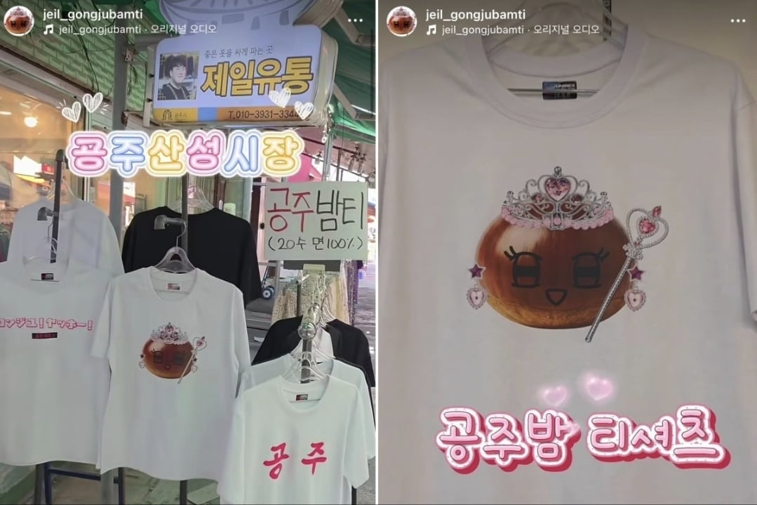Gongju Bamti T-shirt,” featuring the city's signature chestnuts, is sold by Jeil Trading at Sanseong Market in Gongju, South Chungcheong Province