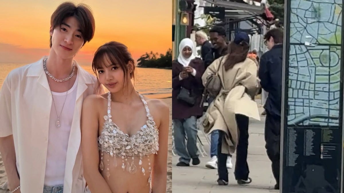 (Left) BLACKPINK's Lisa and Blue Pongtiwat; (right) the two spotted together in London / Captured from X