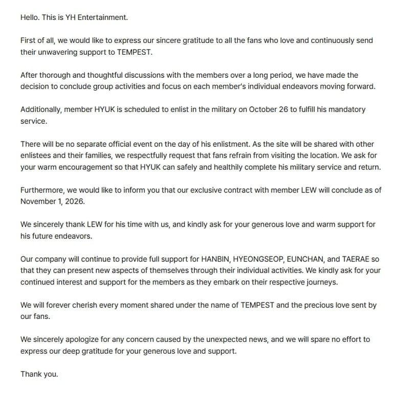 TEMPEST Disbanding Statement by YH Entertainment / TEMPSET Official Weverse