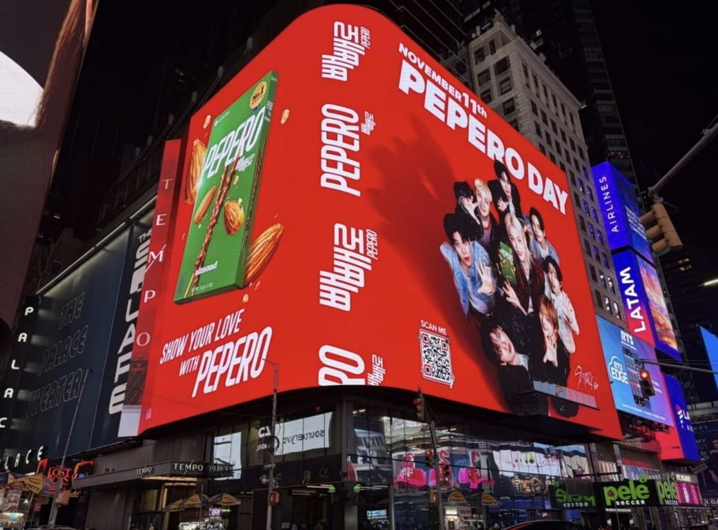 Stray Kids Pepero outdoor advertisement in New York's Times Square. Photo courtesy of Lotte Wellfood