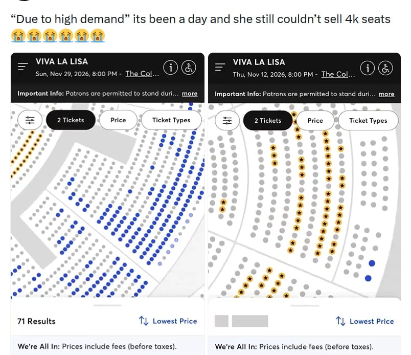 LISA's 'Viva LA LISA' Residency Seats Uploaded by X Users / Web Capture